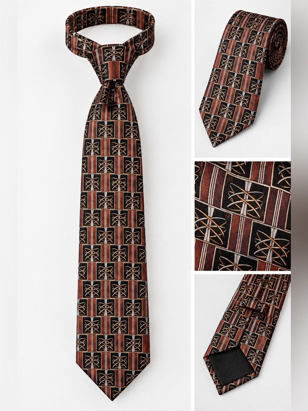 Vintage 100% Silk 1970s Men's Geometric Brown/Black Silk-Blend Tie - John Blair